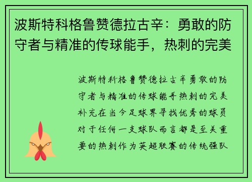 波斯特科格鲁赞德拉古辛：勇敢的防守者与精准的传球能手，热刺的完美补充